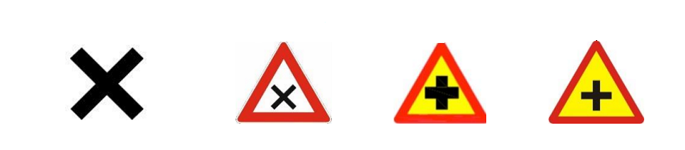 Различия во внешнем виде знака "Пересечение равнозначных дорог": слева — указатель из конвенции, остальные три — неконвенционные